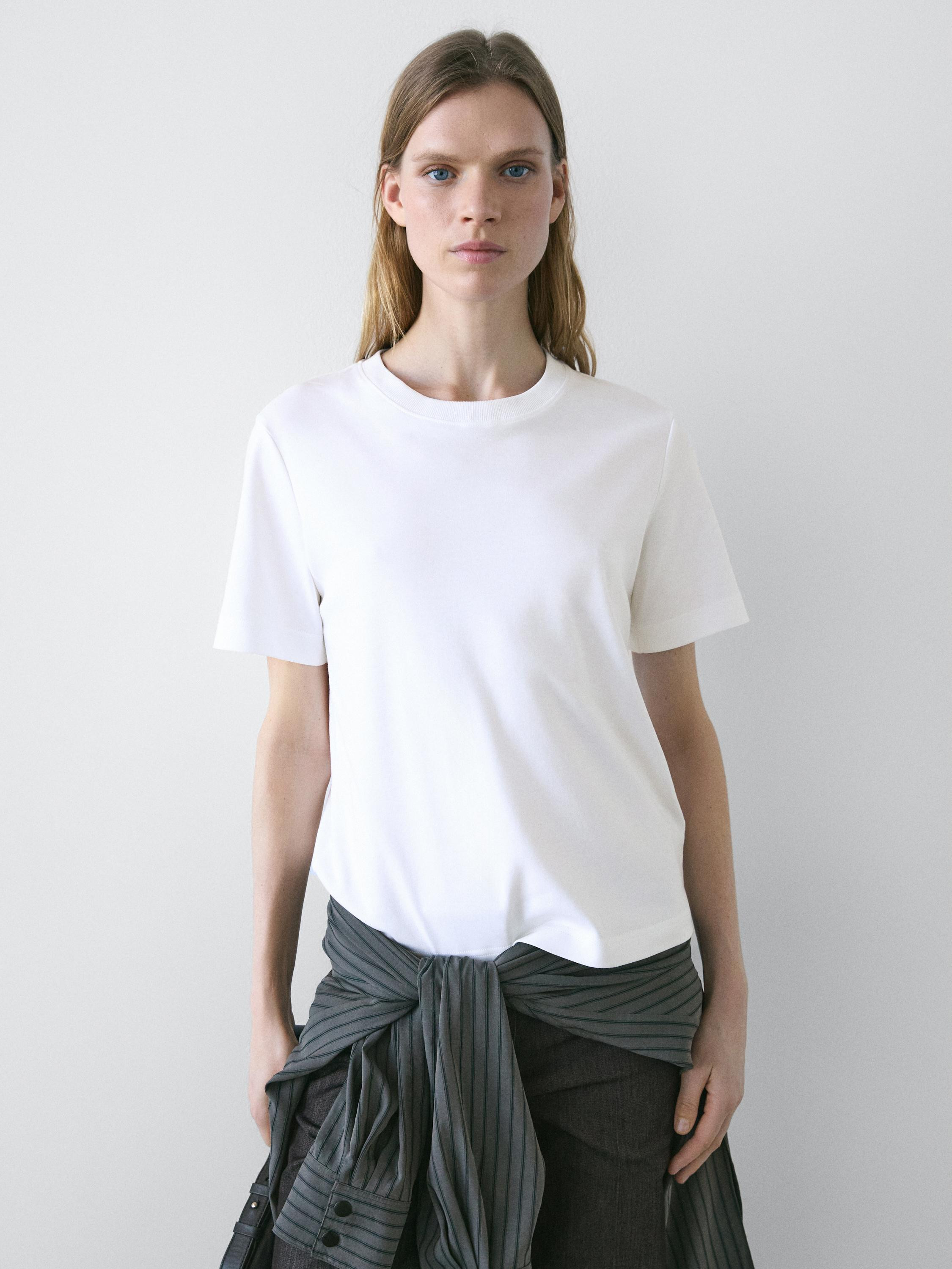 100% katoenen interlock T-shirt met ronde hals | Massimo Dutti NL