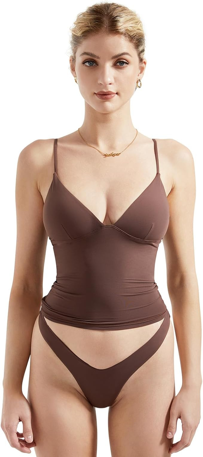 SUUKSESS Women Sexy Deep V Neck Sleeveless Fitted Basic Tops Y2K Tank Top Cami | Amazon (US)