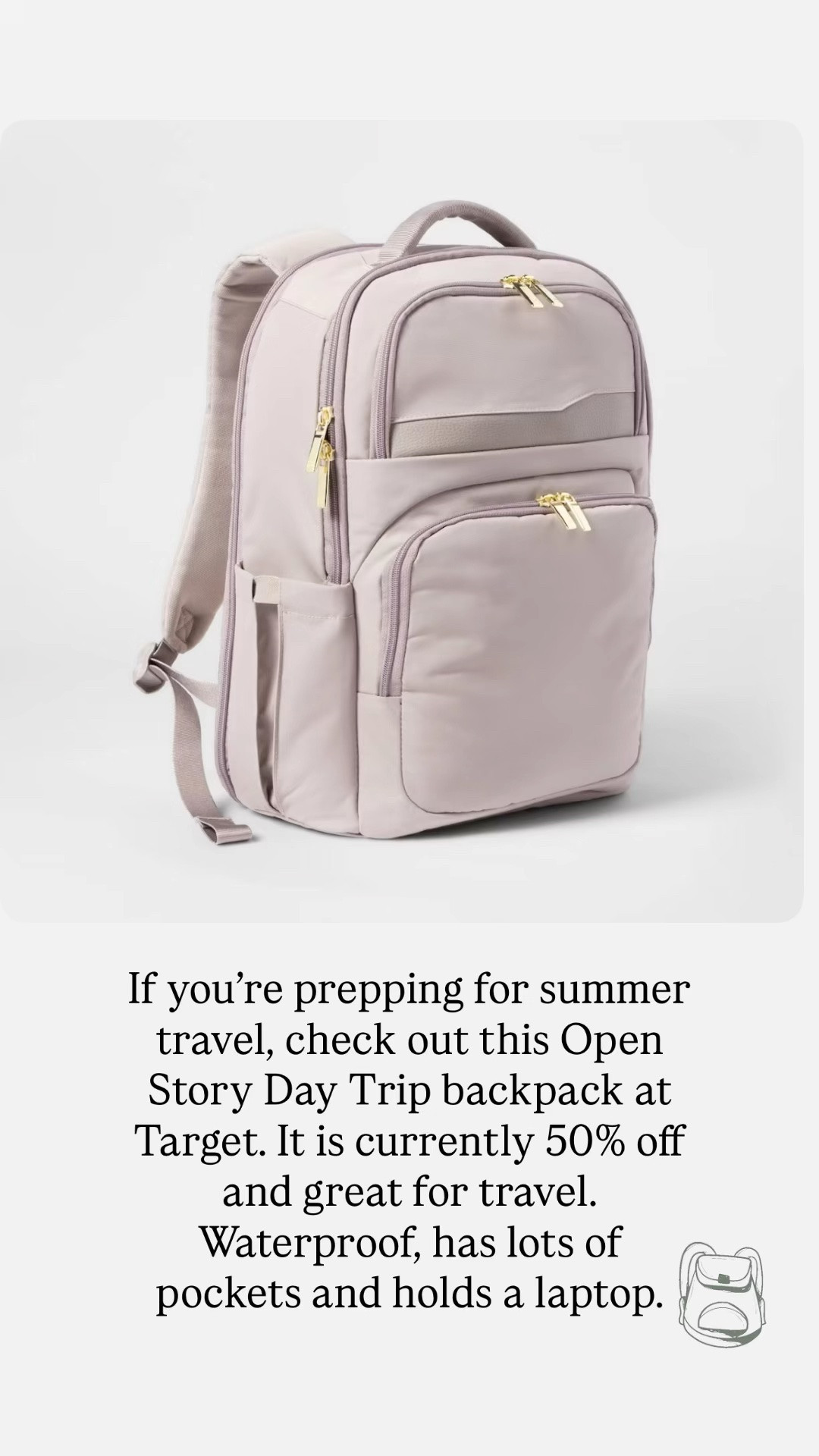 If you’re prepping for summer travel, check out this Open Story Day Trip backpack at Target. It is currently 50% off and great for travel. Waterproof, has lots of pockets and holds a laptop. 

#travel #travelessential #backpack

#LTKSaleAlert #LTKTravel #LTKOver40