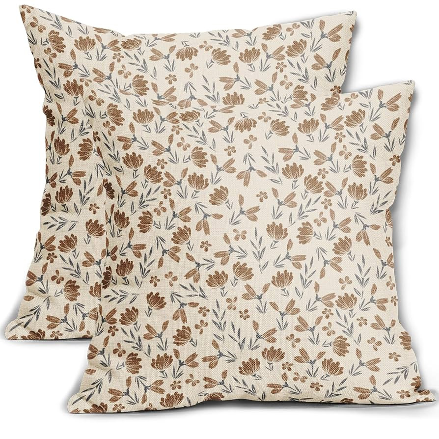 Brown Grey Gray Floral Pillow Covers 18x18 Set of 2 Vintage Rustic Old Style Cute Small Flower Pr... | Amazon (US)