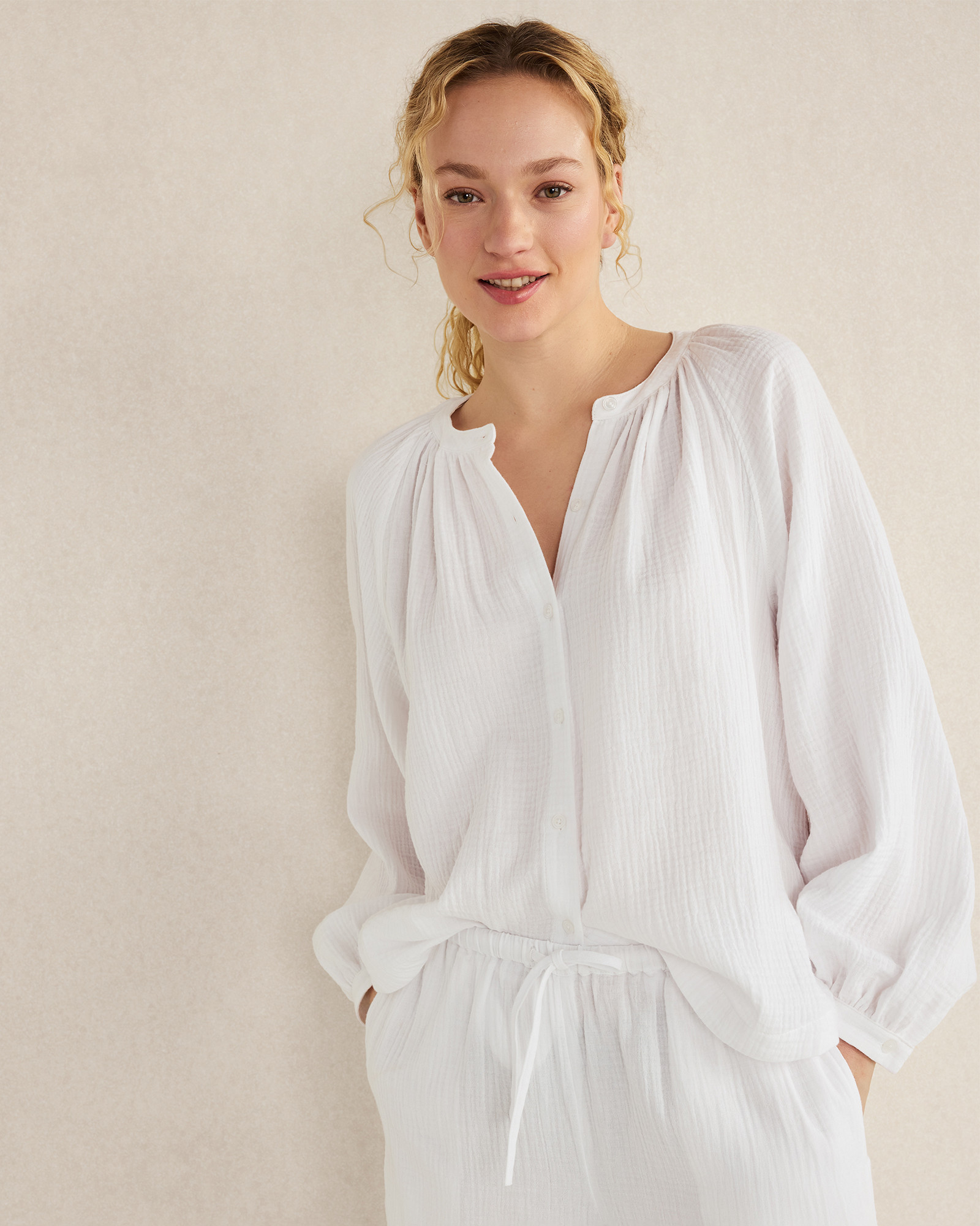 Organic Cotton Gauze Long Sleeve Top | White | Medium | Haven Well Within