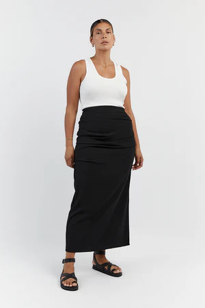 JAMIE RUCHED BLACK MIDI SKIRT | DISSH