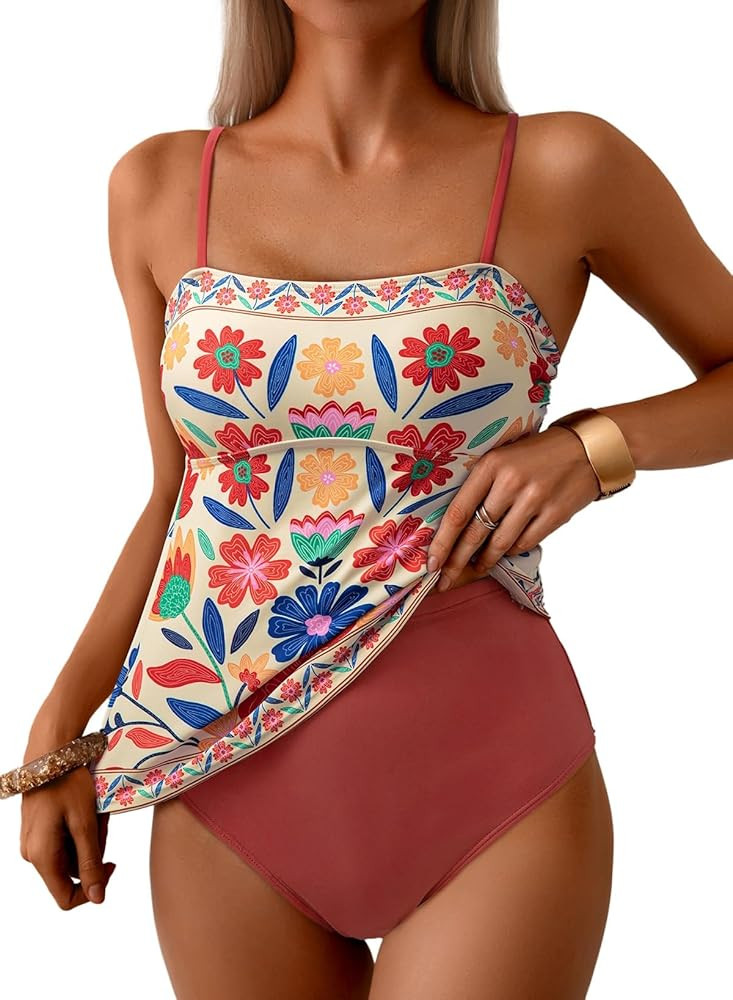Dokotoo Women's Boho Floral Tankini Set Two Piece Swimsuits Flowy 2026 Vintage Beachwear | Amazon (US)