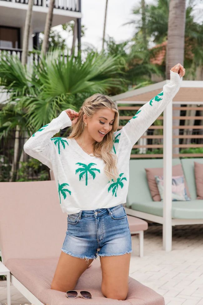 Below The Equator Ivory Palm Print Sweater | Pink Lily
