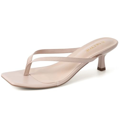 SKETOE Kitten Heels for Women Square Toe Sandals Flip Flop Heels Thong Sandals Comfortable Summer 2 Inch Heels Sandals Nude | Amazon (US)