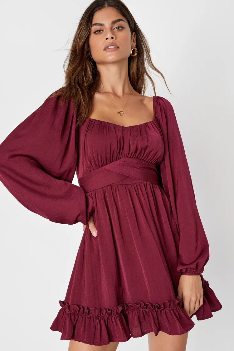 Vision of Charm Plum Purple Satin Long Sleeve Skater Mini Dress | Lulus