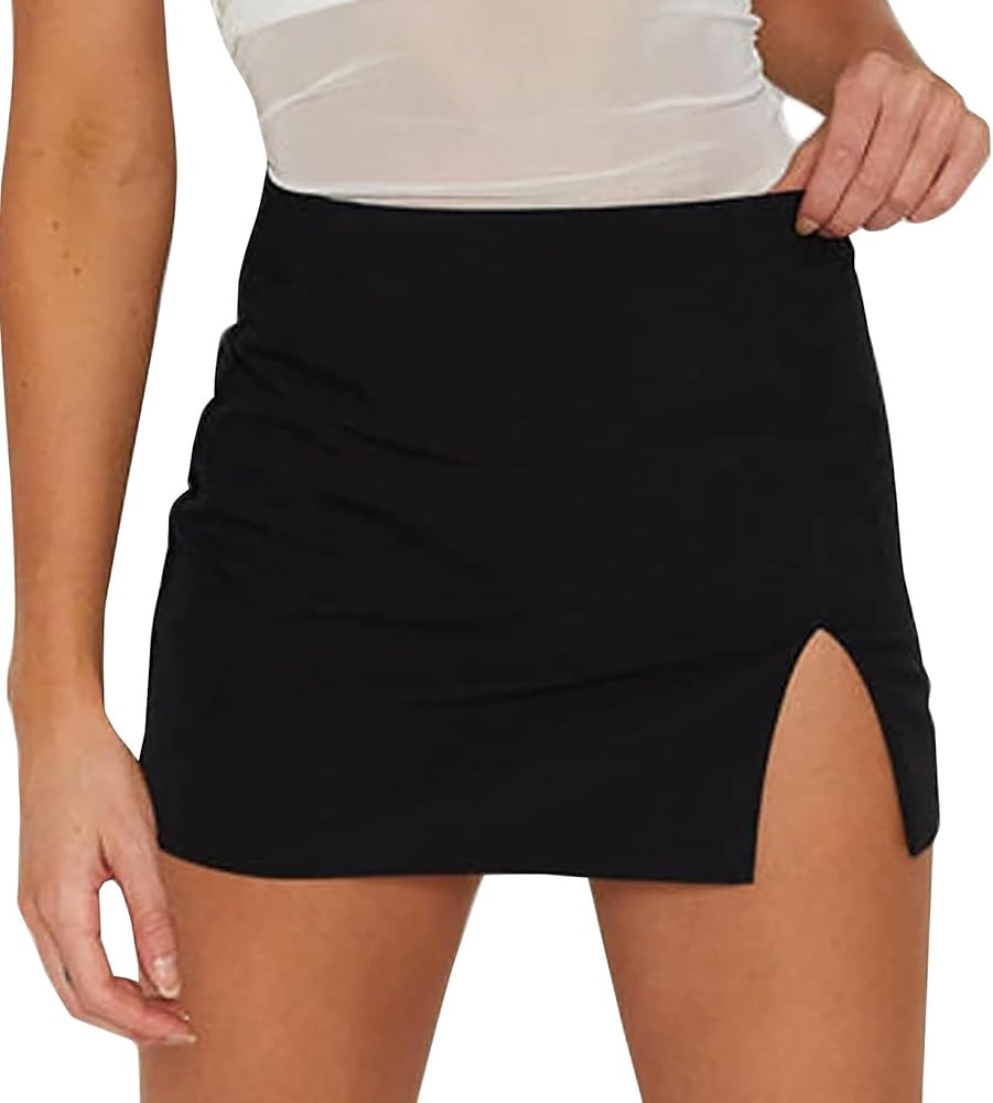 Women's Black Mini Skirts Sexy High Waisted Stretchy Slit Hem Bodycon Mini Skirt 3010 | Amazon (US)