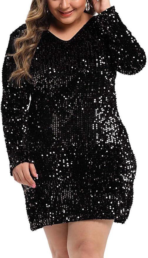 Henly Women's Plus Size Glitter Sequin Dress V Neck Bodycon Party Club Cocktail Evening Mini Dres... | Amazon (US)