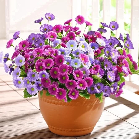 Yastouay 6 Bundles Artificial Mums Flowers for Outdoors, UV Resistant Fake Flowers for Planter, Mix Color Outdoor Faux Plants for Garden Balcony Yard Porch | Walmart (US)