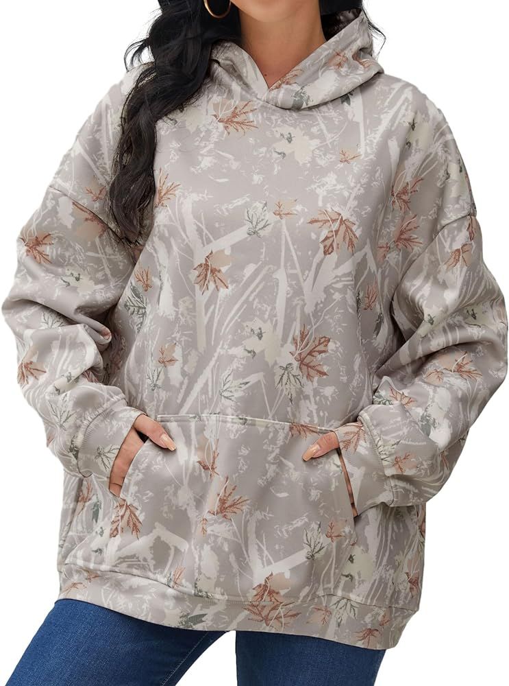 Womens Camo Hoodies Maple Leaf Print Oversized Hooded Sweatshirt Fleece Pullover Sweatshirts Long... | Amazon (US)