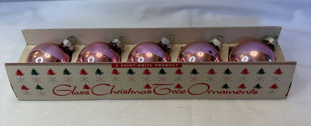 Vintage Christmas PINK Shiny Brite Glass Tree Ornaments Box Set of 5 ornaments | Etsy (US)