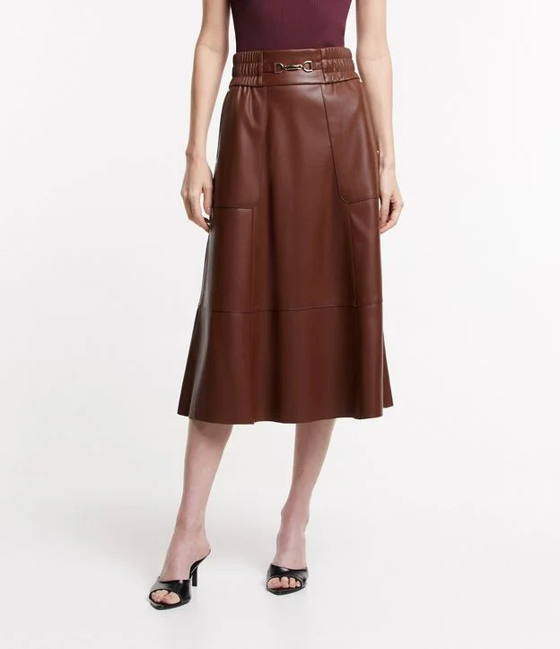 Saia Midi em Material Sintético com Elástico no Cós Marrom | Renner (BR)