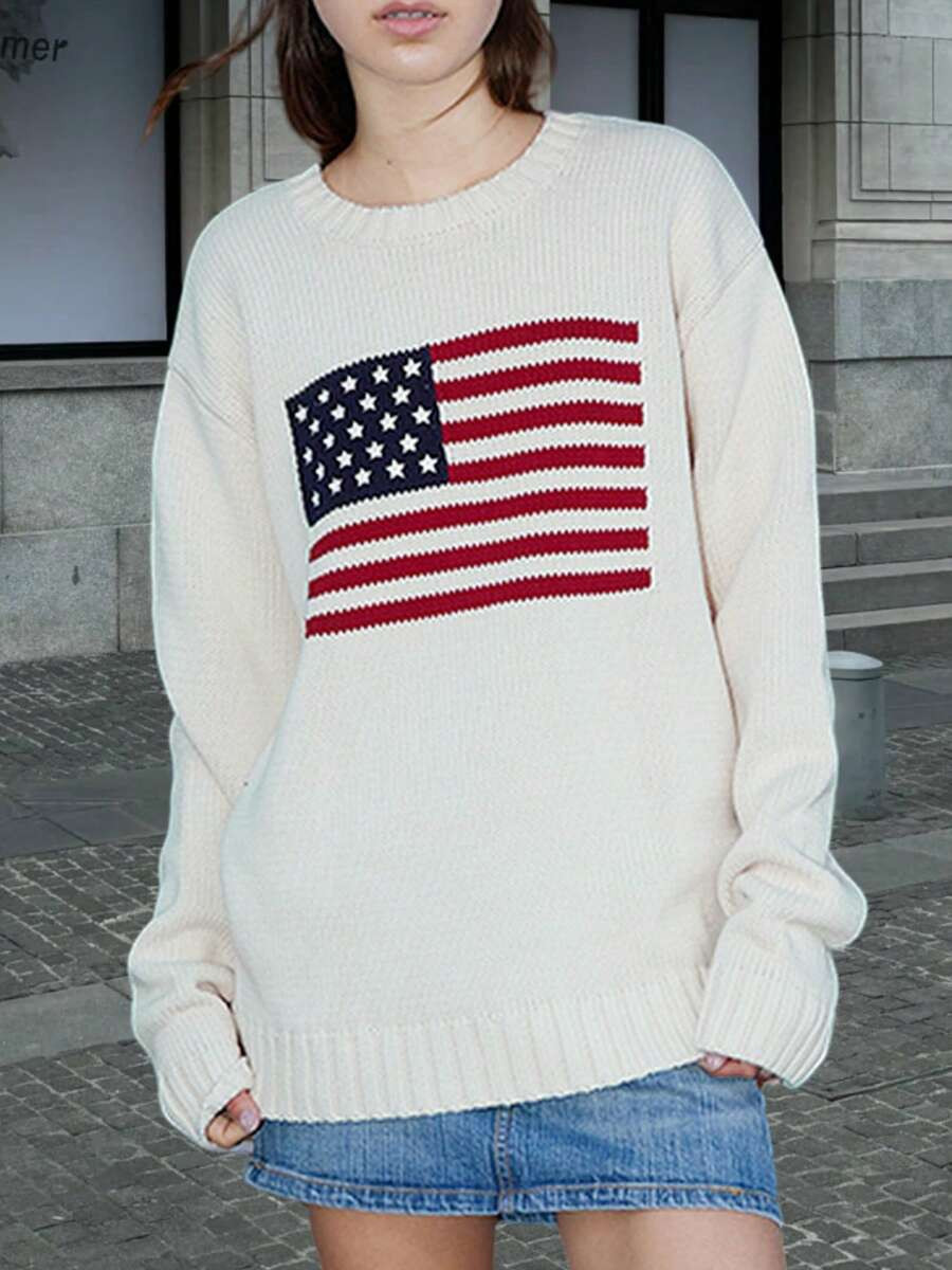 Women American Flag Sweater Y2k Vintage Patriotic Stars Stripe Graphic Print Long Sleeve Creneck ... | SHEIN
