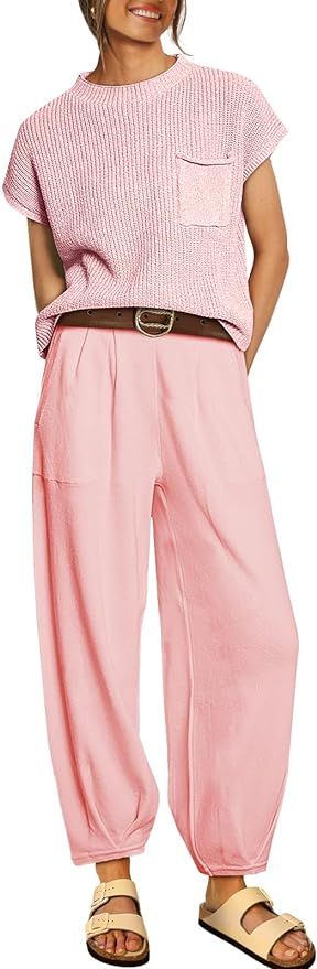 LILLUSORY 2 Piece Outfits For Women Trendy Lounge Sets Cozy Knit Sweater Short Sleeve Fashion Lou... | Amazon (US)