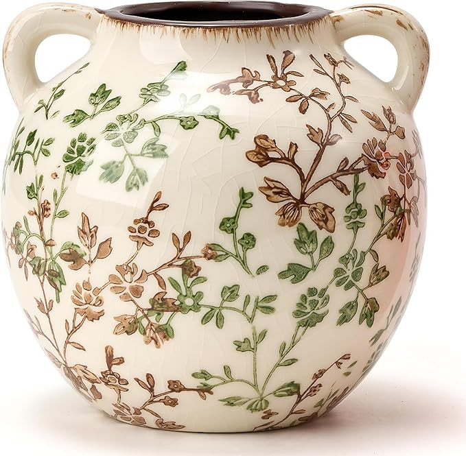 Green and Beige Antique Vase, 5.6 Inch Vintage Chinoiserie Floral Vase, Rustic Ceramic Vase for H... | Amazon (US)