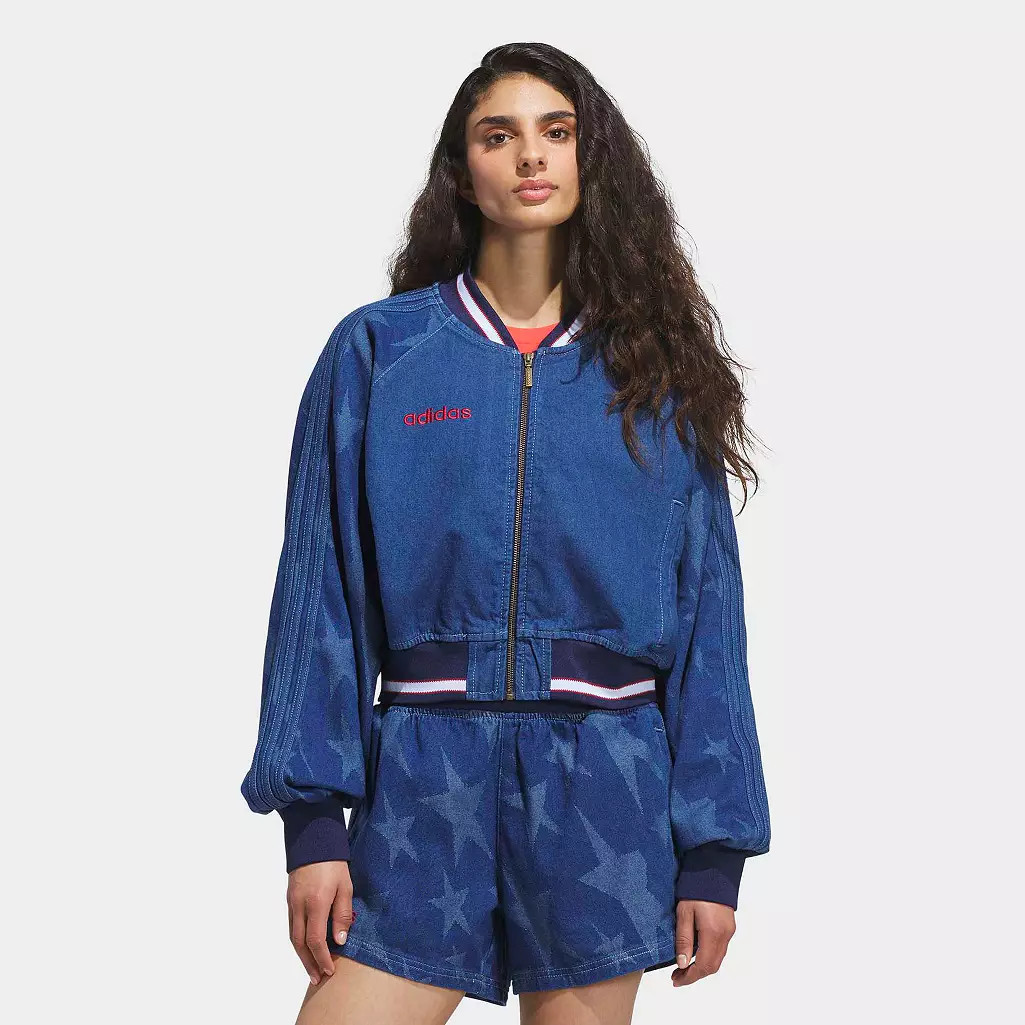 adidas Originals Women's Denim Graphic Varsity Bomber Jacket | DICK'S Sporting Goods