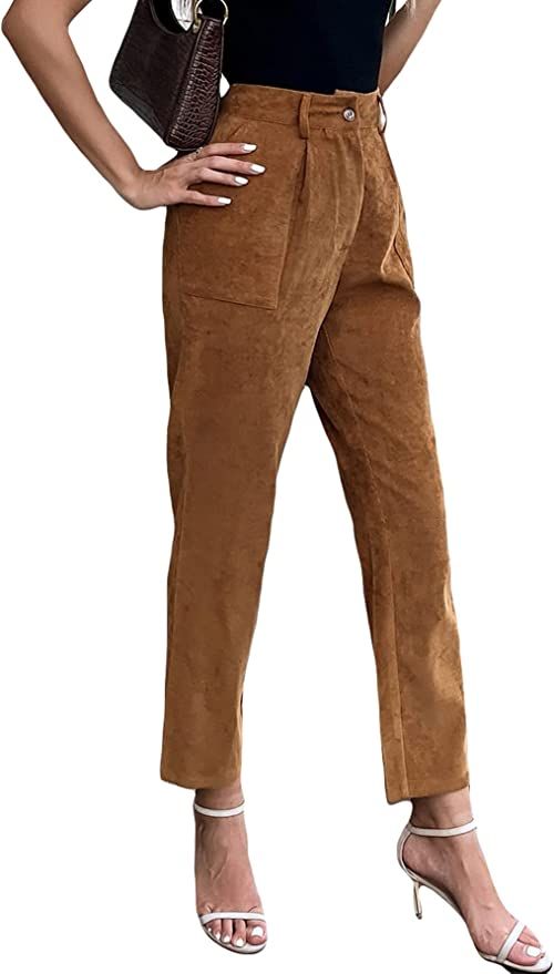 MakeMeChic Women's Casual High Waist Slant Pocket Straight Leg Corduroy Pants Trousers | Amazon (US)