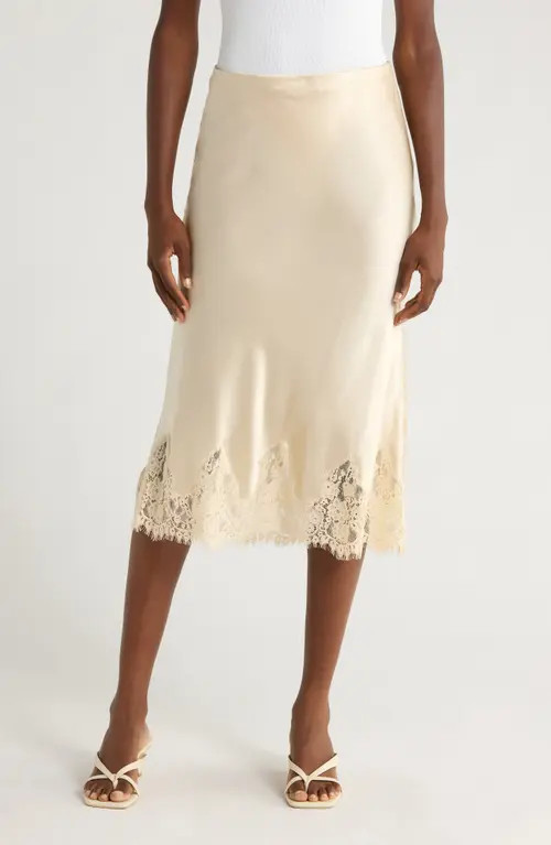 Reformation Carolina Lace Trim Silk Midi Skirt in Almond at Nordstrom, Size Medium | Nordstrom