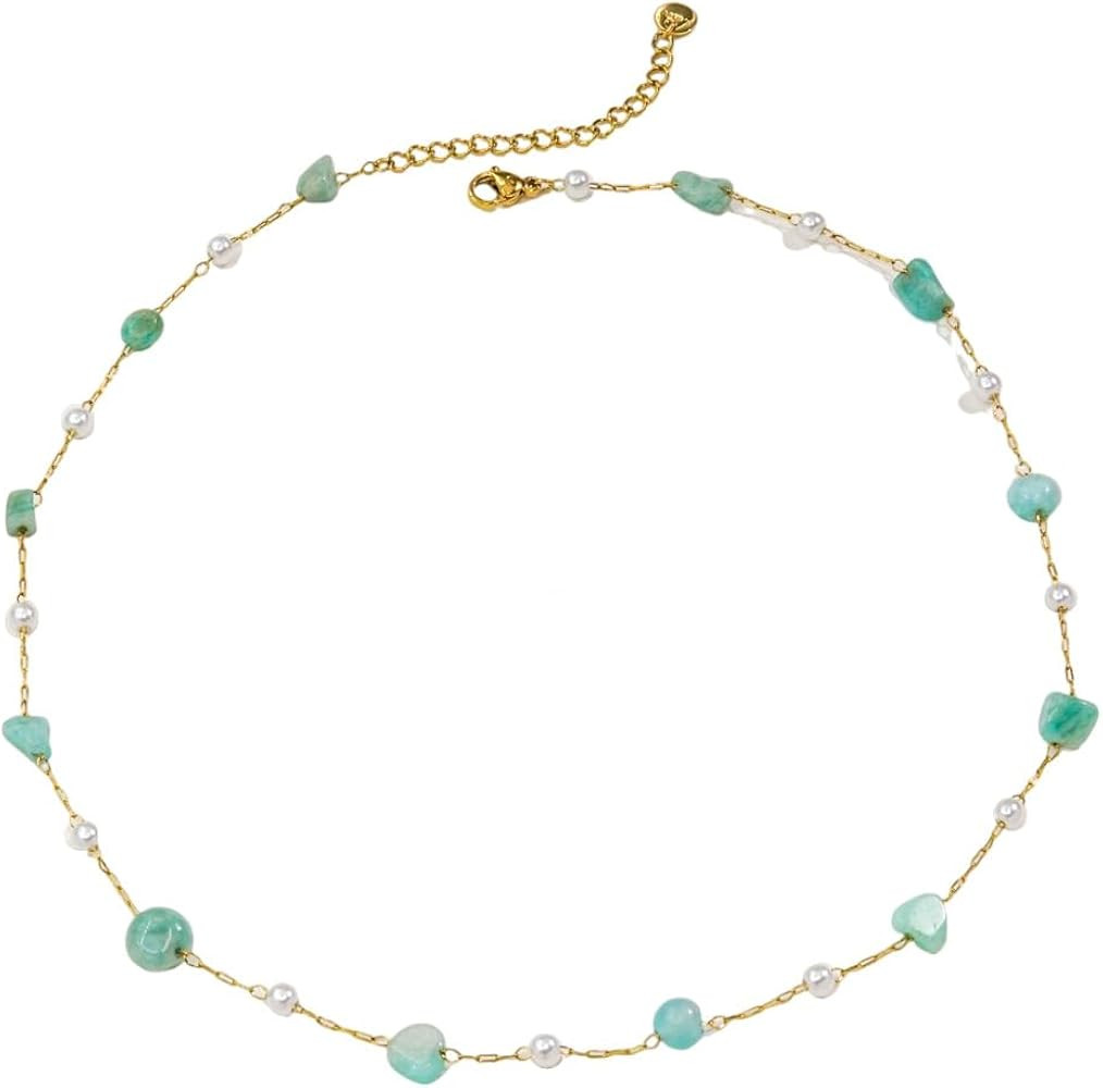 Handmade Green Amazonite Pearl Choker Necklace for Women Natural Gemstone Chain 18K Gold Summer J... | Amazon (US)