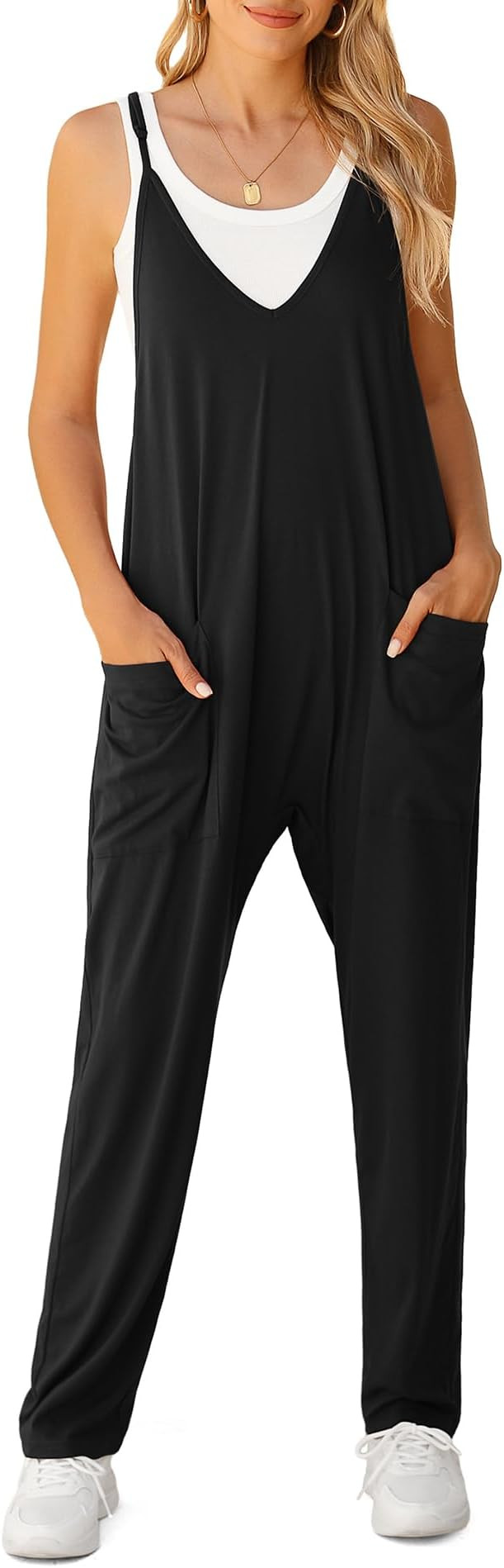 LILBETTER Women's Loose Casual V Neck Sleeveless Jumpsuits Adjustable Spaghetti Straps Long Pants... | Amazon (US)