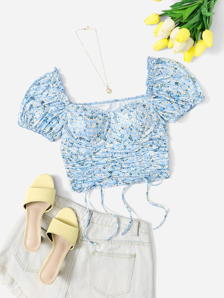 SHEIN MOD Ditsy Floral Ruched Drawstring Knot Puff Sleeve Top | SHEIN