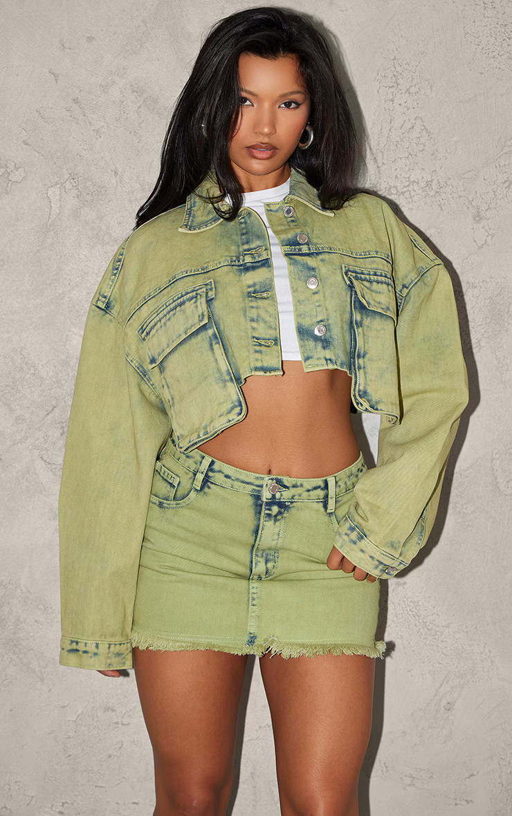 Green Tint Acid Wash Raw Hem Mini Skirt | PrettyLittleThing US