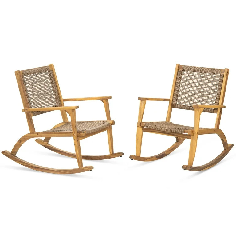Patio Rocking Chair Set of 2, Wood Outdoor Rockers with Wicker Rattan Seat & Backrest, Front Porc... | Walmart (US)