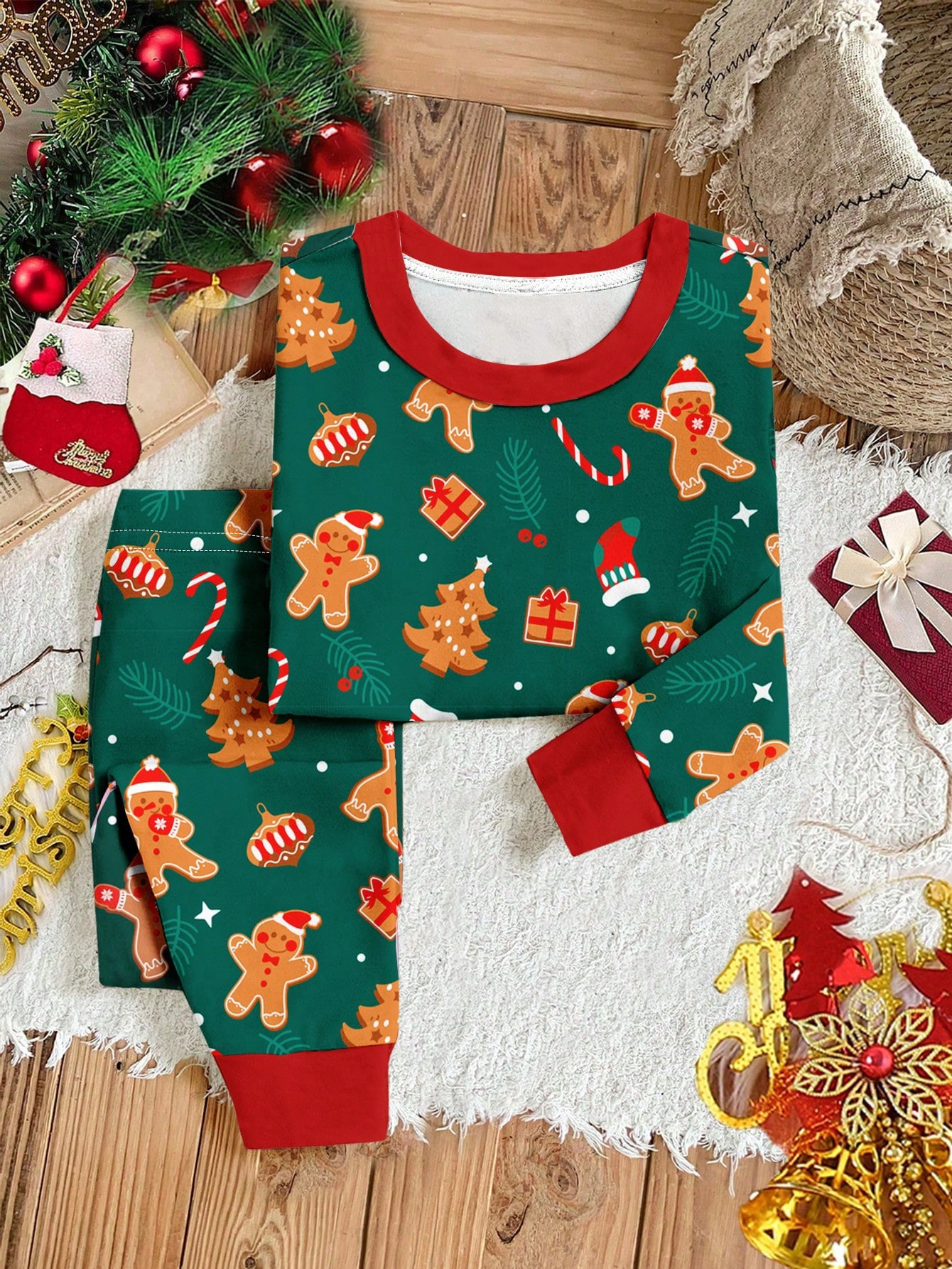 Christmas Gingerbread Man Graphic Casual Round Neck Long Sleeve Top & Pants Home Wear Pajama Set,... | SHEIN
