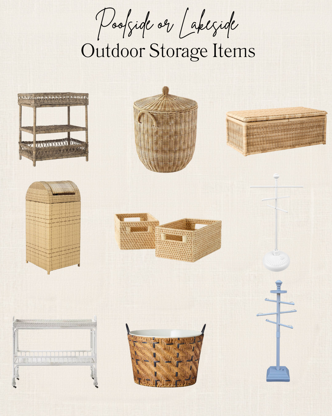 Pool or Lakeside storage is a must!  Over the years I've found that I need storage for a lot of items outside around the lake and pool.  Dry towel storage and a towel rack for wet towels are so important.  I also like to use smaller bins to store goggles and smaller pool toys.  And... don't forget the outside trash can!  I love that this one is pretty!



#poolstorage #lakesidedecor #outdoorstorage #towelstorage 

 #LTKSeasonal #LTKOver40 #LTKHome