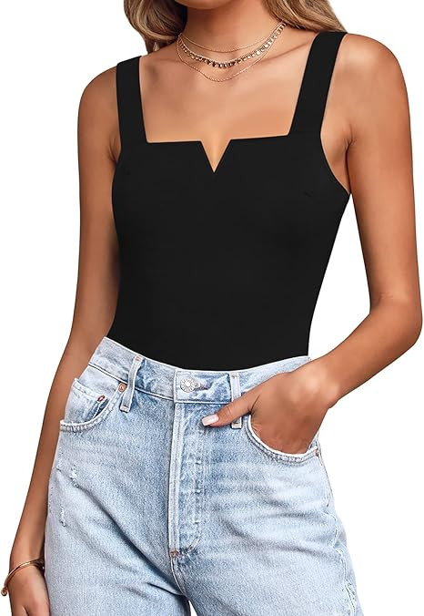 Kentysill Women's Sexy Notch V Neck Sleeveless Bodysuit Square Neck Slim Fit Body Suits Tops Blac... | Amazon (US)