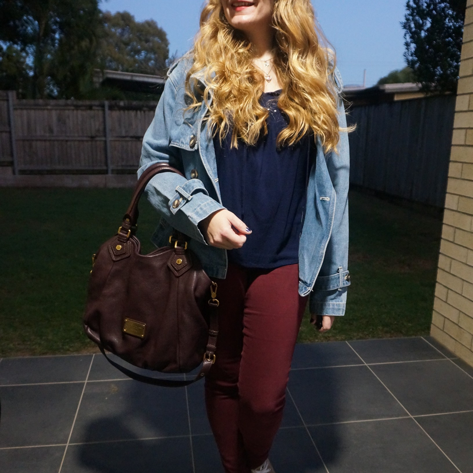 Kmart Anko cropped denim trench woth navy blouse, burgundy skinny jeans and Marc By Marc Jacobs Fran bag 💙❤️

#LTKaustralia #LTKwinter #LTKbag