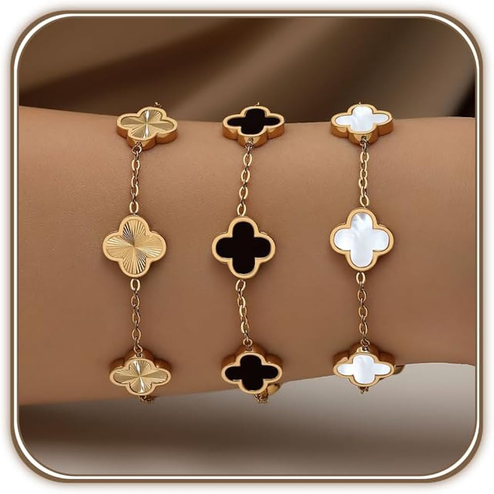 18K Gold Plated Clover Bracelet Set for Women White/Black/Gold/Silver/Green/Pink Adjustable Link ... | Amazon (US)