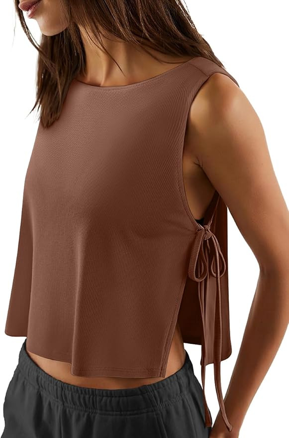 LASLULU Women's Sleeveless Workout Tank Tops Side Tie Sports Gym Running Yoga Exercise Athletic T... | Amazon (US)