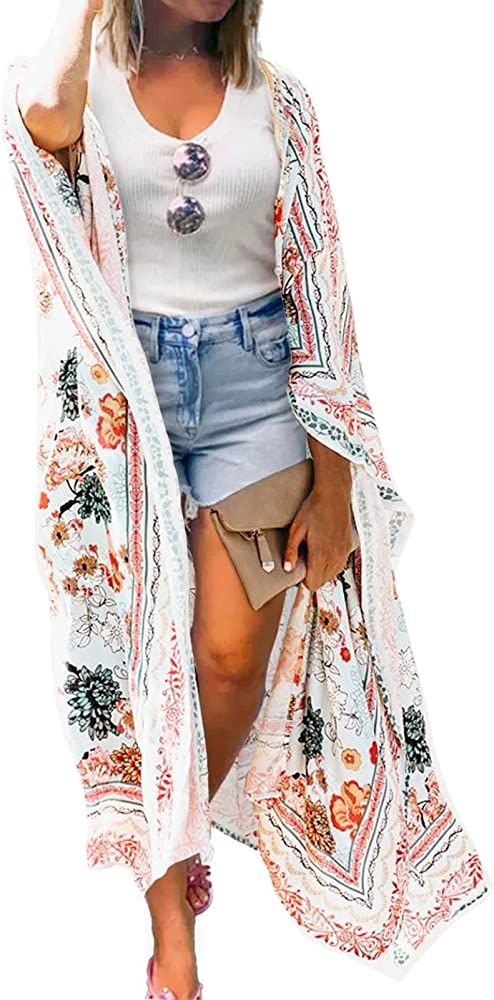 MayBuy Women's Summer Long Flowy Kimono Cardigans Boho Chiffon Beach Cover Up Tops | Amazon (US)