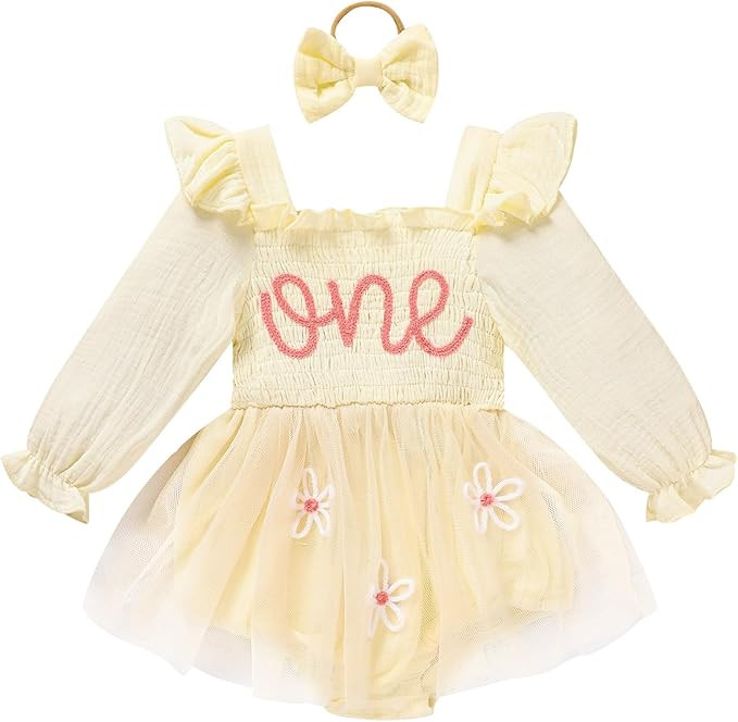 Baby Girl 1st Birthday Clothes One Year Old Tulle Romper Long Sleeve Bodysuit Cake Smash Outfits | Amazon (US)