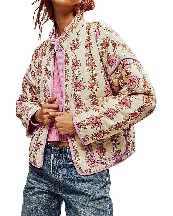 Womens Cropped Quilted Lightweight Jackets Floral Printed Open Front Puffer Coat Cardigan | Amazon (US)