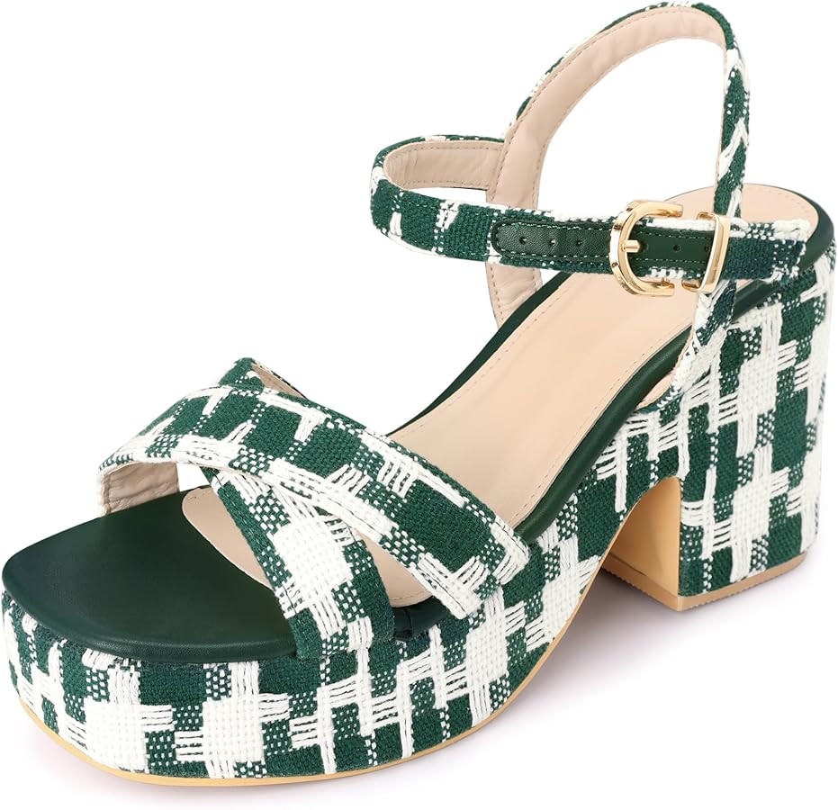 Allegra K Women's Cloth Checkered Pattern Platform Heels Chunky Heel Sandals | Amazon (US)