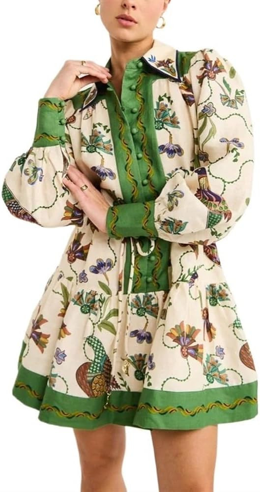 Women's Single Breasted Long Lantern Sleeve Graffiti Print Flower Print Tie Up Waist Midi Dress | Amazon (US)