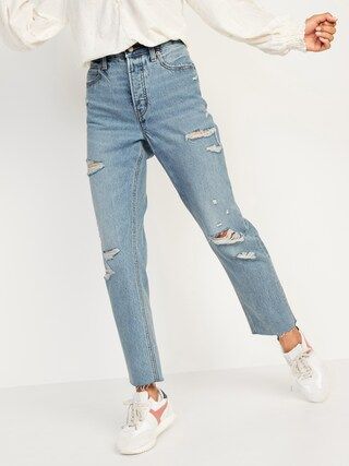 Extra High-Waisted Button-Fly Sky Hi Straight Ripped Non-Stretch Jeans | Old Navy (US)