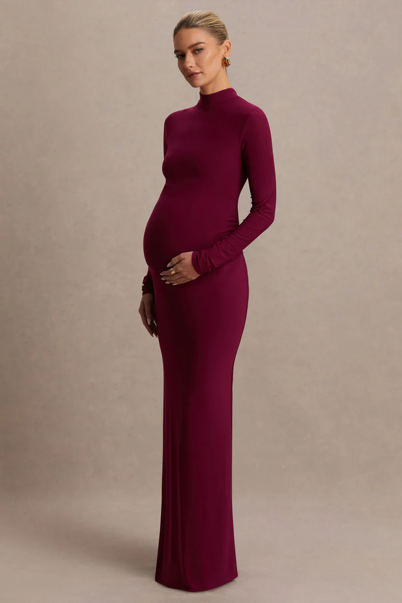 Alejandra  Burgundy Maternity Long Sleeve High Neck Maxi Dress | Club L London