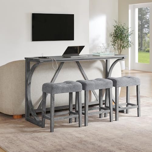 XIAOSENLIN 4 Piece Dining Table Bar Table Set with Power Outlet, 59" Counter Height Behind Couch Sofa Table with 3 Bar Stools, Farmhouse Bar Table and Chairs Set for Living Room Dining Room (Grey) | Amazon (US)