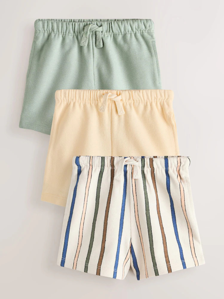 Sage Green Soft Yellow and Pastel Stripe Textured Shorts 3 Pack (3mths-7yrs) | Next US
