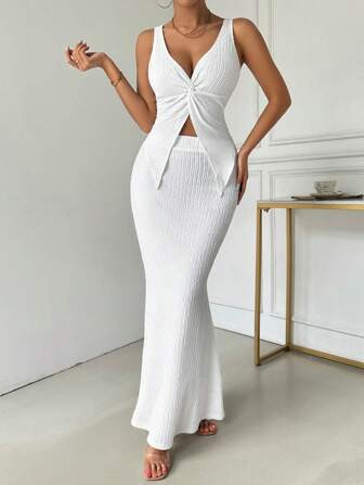SHEIN Privé Twisted Crop Top And Fish Tail Long Slim-Fit Skirt Two-Piece Set For Summer | SHEIN