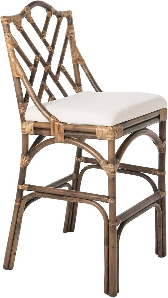Chippendale Rattan Barstool, Antique Brown and Off-White Upholstery | Amazon (US)