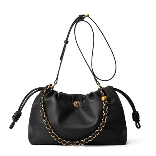 MUHUASHI Drawstring Hobo Purse for Women Trendy Bucket Shoulder Bag With Top Chain Handle And Long Crossbody Strap (A-Black) | Amazon (US)