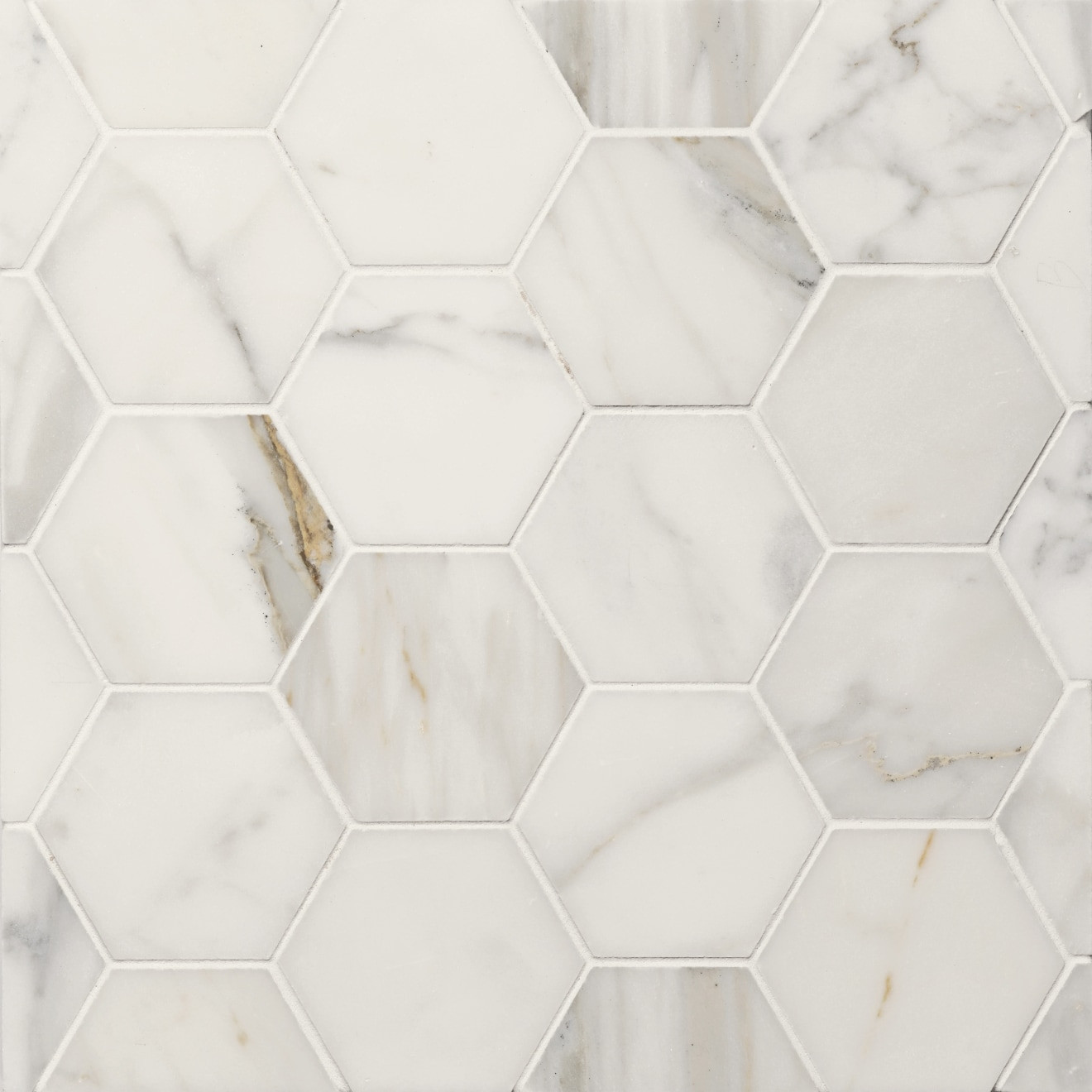 Calacatta Oro 3" Hexagon Honed Marble Mosaic | Bedrosians Tile and Stone