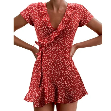 luethbiezx Women Short Sleeve Wrap Boho Floral Mini Dress Summer Sundress Holiday Dress | Walmart (US)