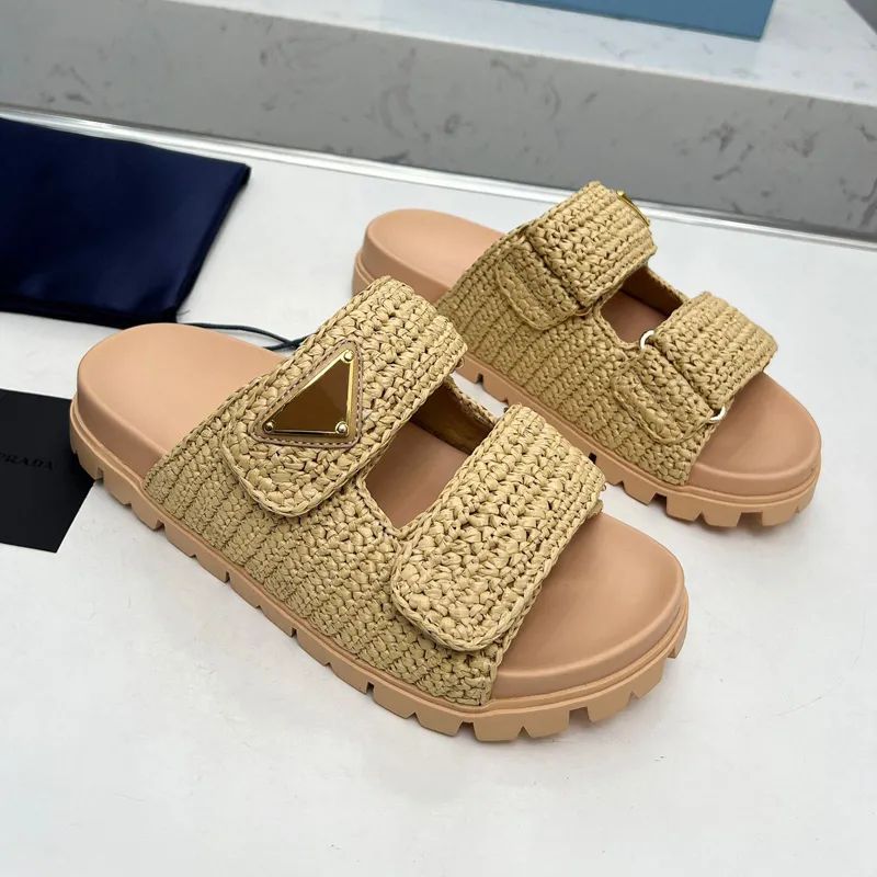 Designer Sandal Woman Crochet Slides Black Platform Wedges Straw Flatform Slipper Summer Flat Com... | DHGate