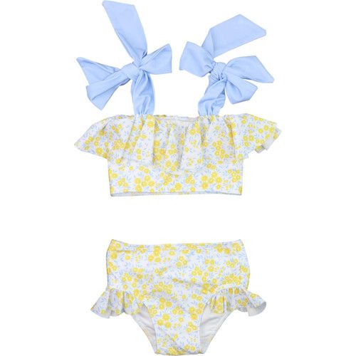 Yellow And Blue Floral Print Lycra Bikini  - Shipping Early April | Cecil and Lou