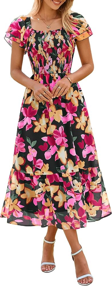 Simplee Womens Summer Floral Maxi Dress Flowy Flutter Sleeve Smocked Wedding Guest Square Neck A ... | Amazon (US)
